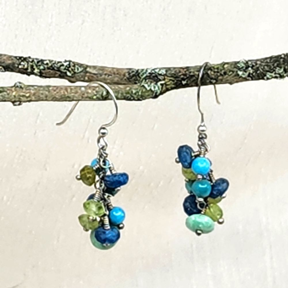 Semi-prescious Beaded Cluster Drop Earrings Sterling Silver Turquoise Peridot